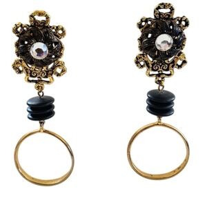 Gold Chunky Earrings VTG Brutalist Clip Crystal Rhinestone Hoop Dangle Jeweled